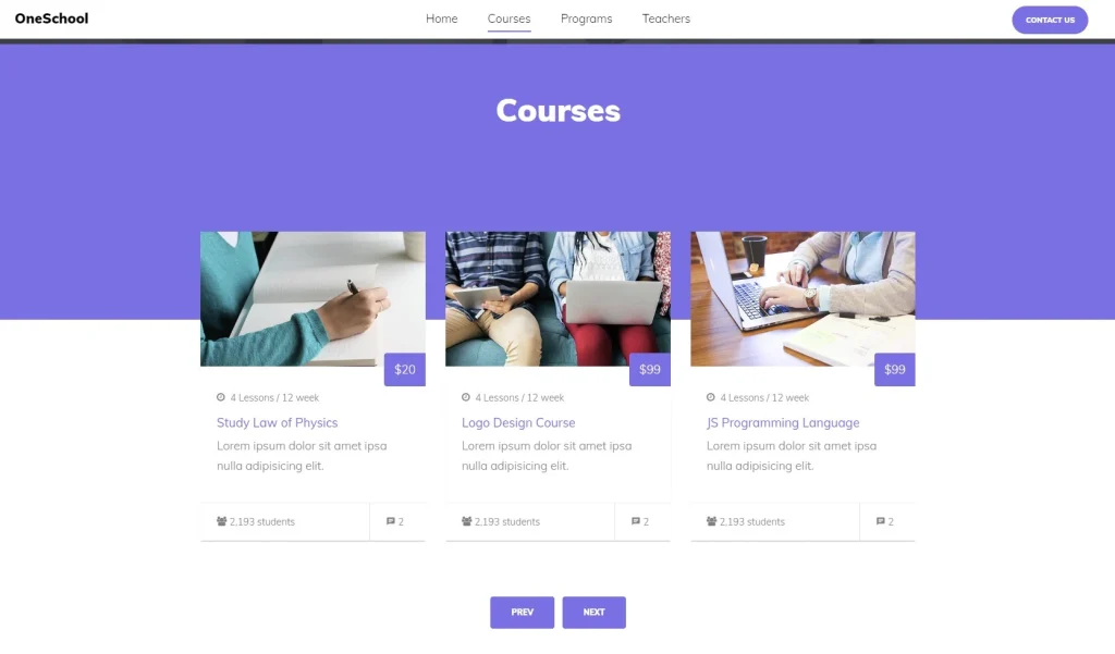 Бесплатный готовый HTML CSS шаблон сайта Oneschool - курсы