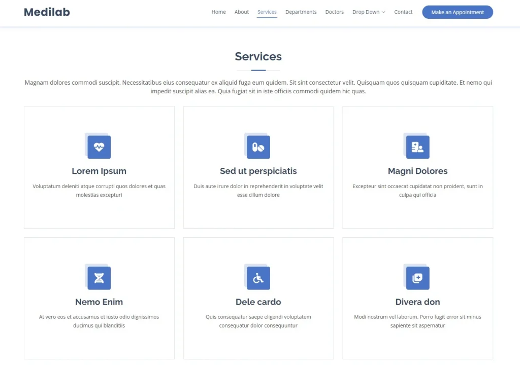 Бесплатный готовый HTML CSS шаблон сайта Medilab - услуги