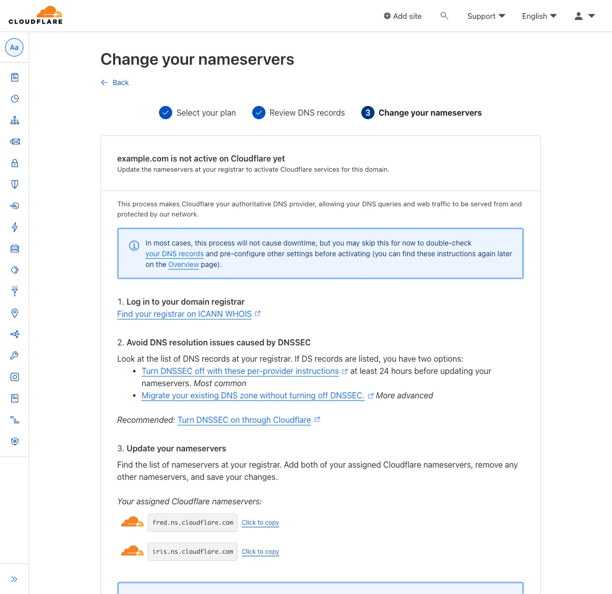 Скриншот изменения серверов имен в настройке плагина WordPress Cloudflare