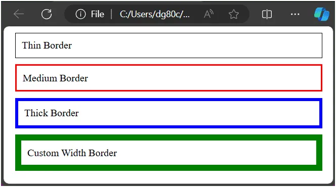 Пример свойства border-width с использованием предопределенных значений thin, medium и thick.