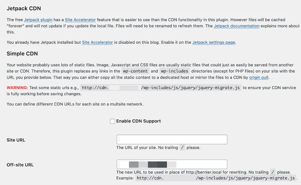 Параметры CDN WP Super Cache.