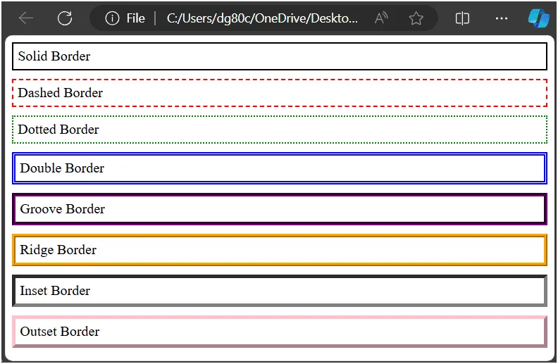 Пример всех стилей границ в CSS.