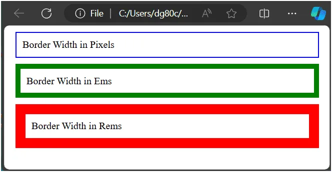 пример свойства border-width в px, ems и rems