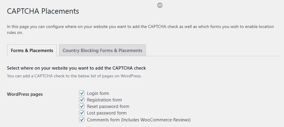Скриншот размещения капчи. На этой странице вы можете настроить, куда на вашем веб-сайте вы хотите добавить проверку капчи, а также на какие формы вы хотите включить правила размещения. Выберите, куда на вашем веб-сайте вы хотите добавить проверку на капчу. 