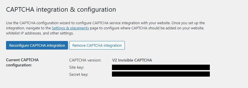 Вставляем скопированный сайт reCAPTCHA и секретные ключи.