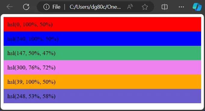 Пример значений цвета hsl в HTML.