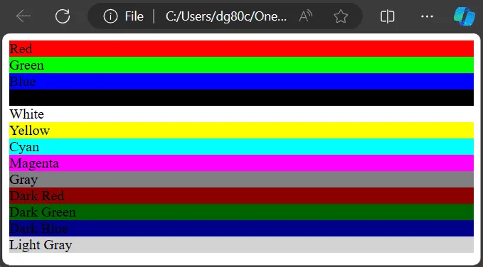 Цвета HTML с использованием функции rgb