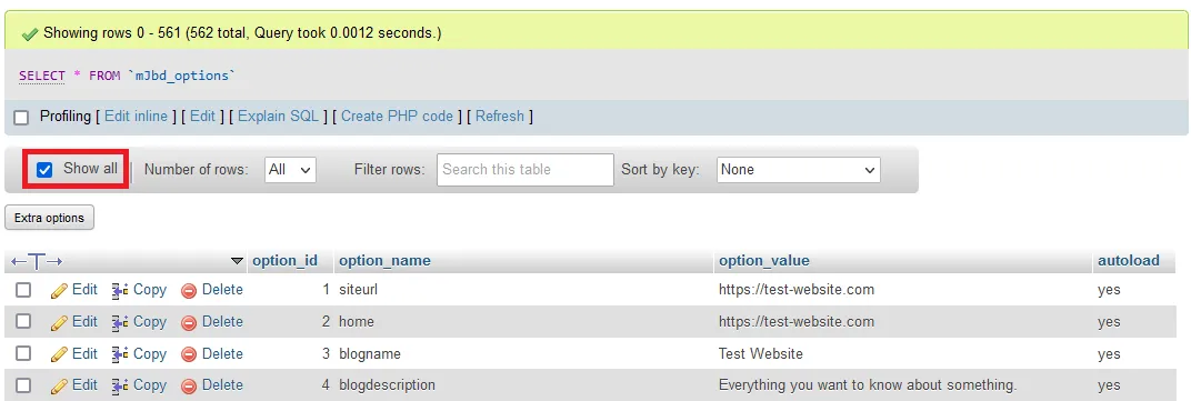 Выберите показать все в таблице базы данных 