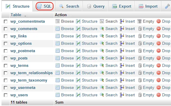 Командная строка SQL через phpmyadmin