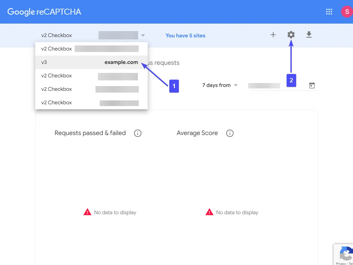 Параметры настройки на панели инструментов reCAPTCHA.