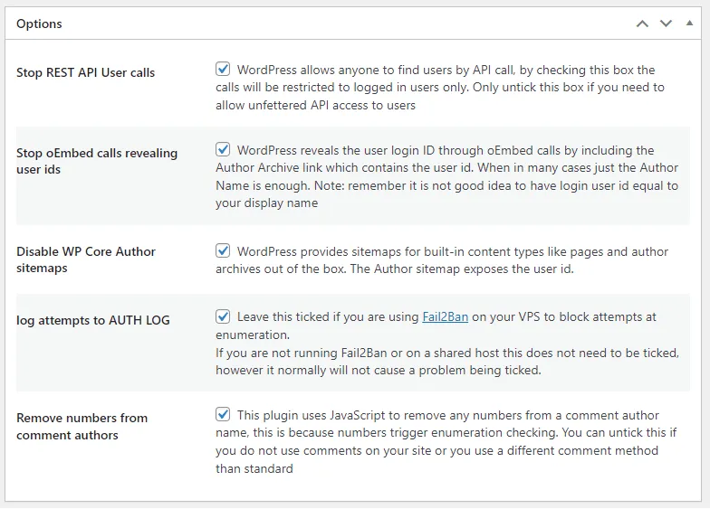 Экран параметров пользователя плагина Stop User Enumeration WordPress