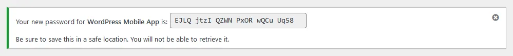 Скриншот примечания - ваш новый пароль для приложения WordPress выглядит следующим образом: виден пароль.
