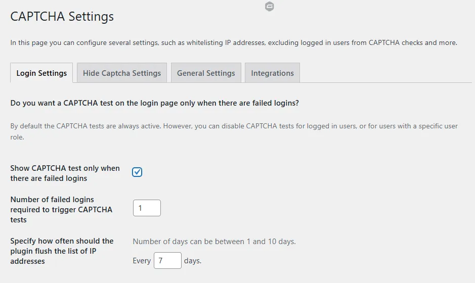 Скриншот настроек Captcha. В настройках входа вы можете выбрать, хотите ли вы тестировать Captcha на странице входа только при неудачных входах в систему. Введите количество неудачных входов в систему, необходимых для запуска теста Captcha; укажите, как часто плагин должен очищать список IP-адресов.