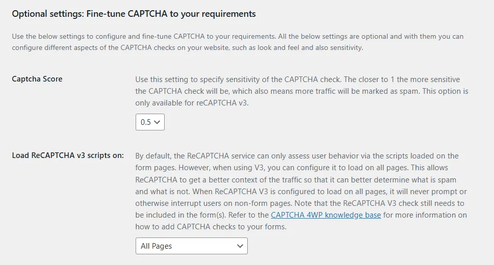 Скриншот дополнительных настроек: точно настройте Captcha в соответствии с вашими требованиями. Вы можете настроить свои настройки CAPTCHA, например, определить, насколько строгой является оценка CAPTCHA или на каких страницах загружаются скрипты CAPTCHA.