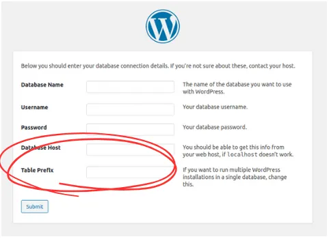 Настройте префикс базы данных WordPress во время начальной настройки