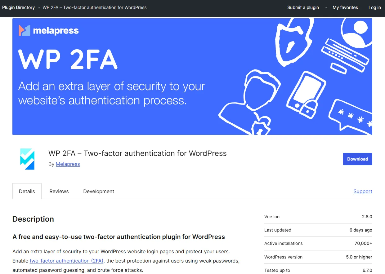 Скриншот WP 2FA - двухфакторной аутентификации для сайта загрузки плагинов WordPress. 