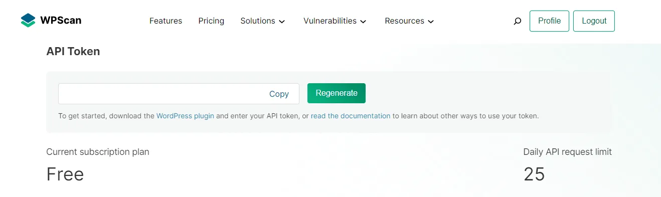 Токен API WPScan в бесплатном плане подписки